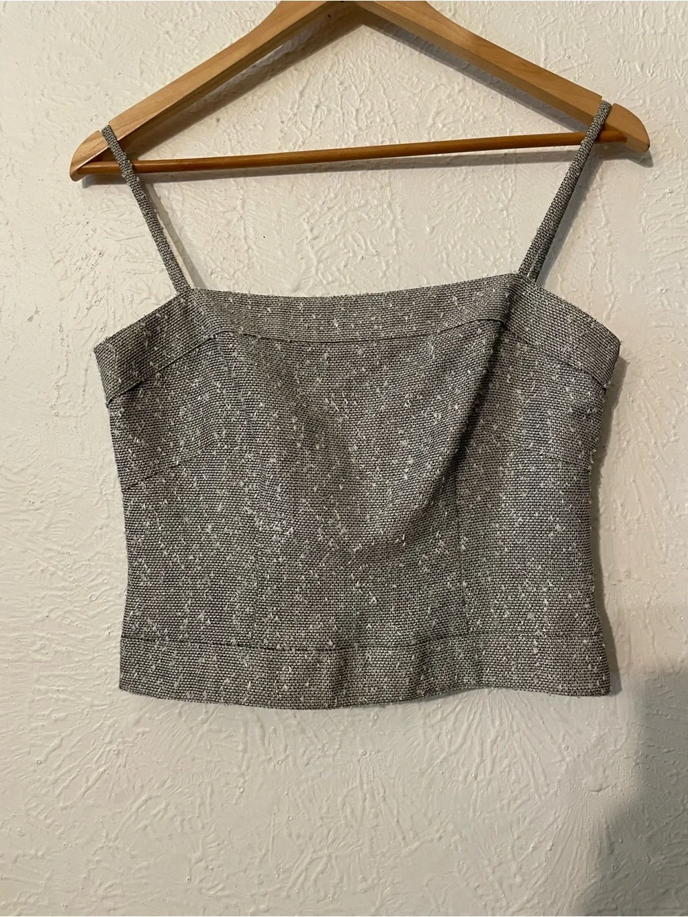 CHANEL Gray Tweed Spaghetti Strap Crop Camisole Buttoned Top Size FR 36